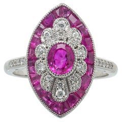 Art Deco Style Platinum Burmese Ruby and Diamond Navette Ring