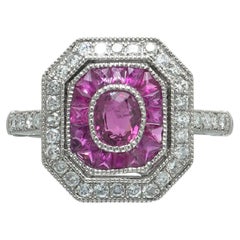 Art Deco Style Platinum Burmese Ruby and Diamond Octagonal Target Ring