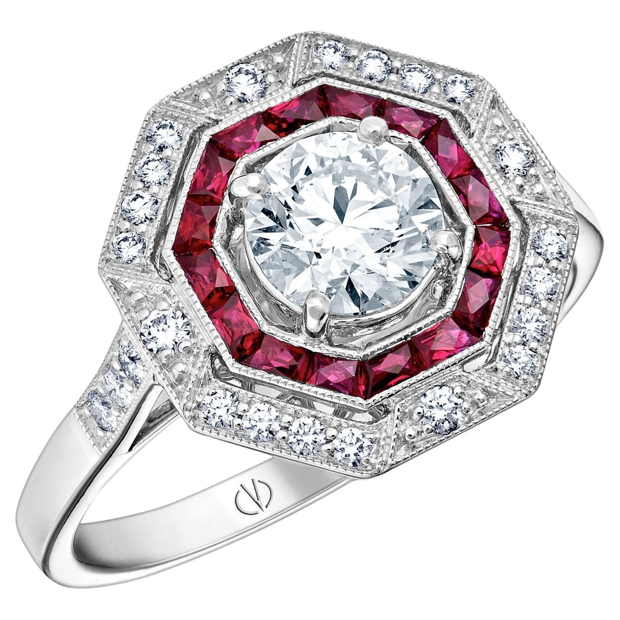 Art Deco Style Platinum Calibre Cut Ruby Ring With 0.70 Ct Diamond GIA Certified