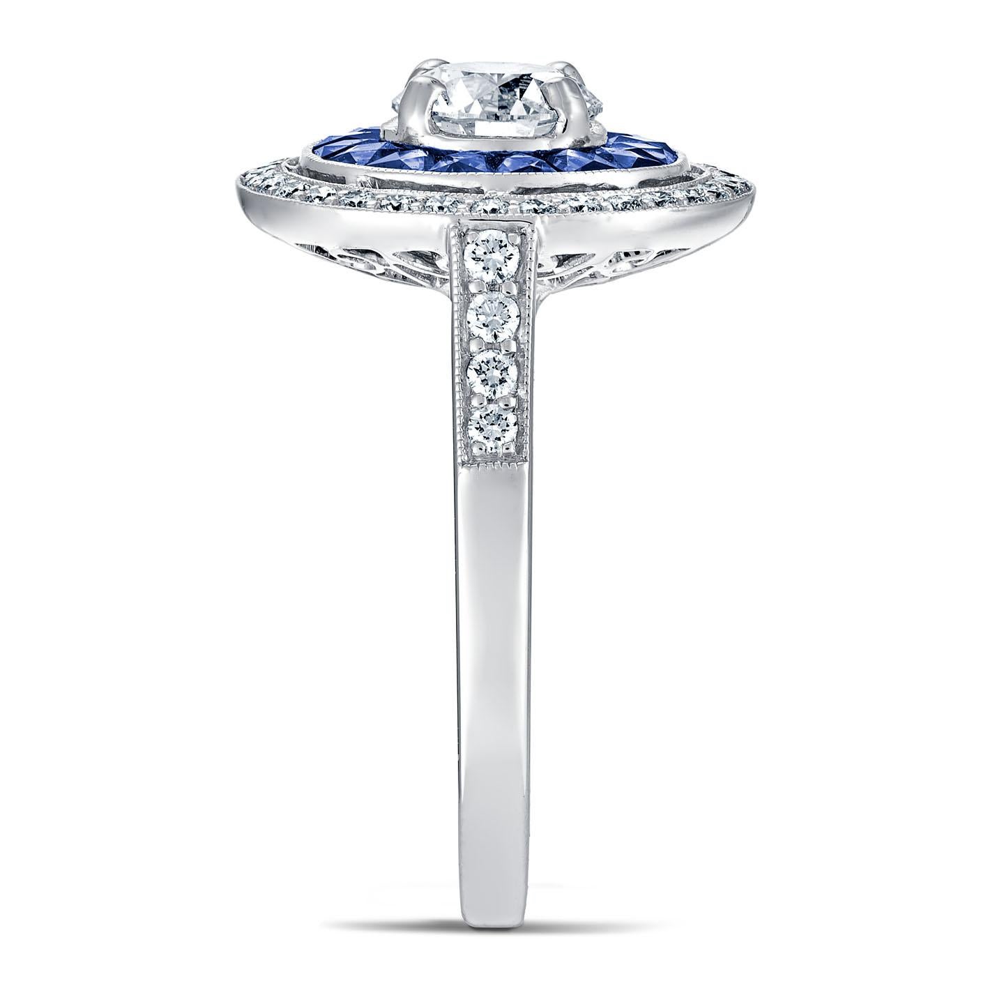 For Sale:  Art Deco Style Platinum Calibre Cut Sapphire Ring With 0.75 Ct Diamond GIA CERT 3
