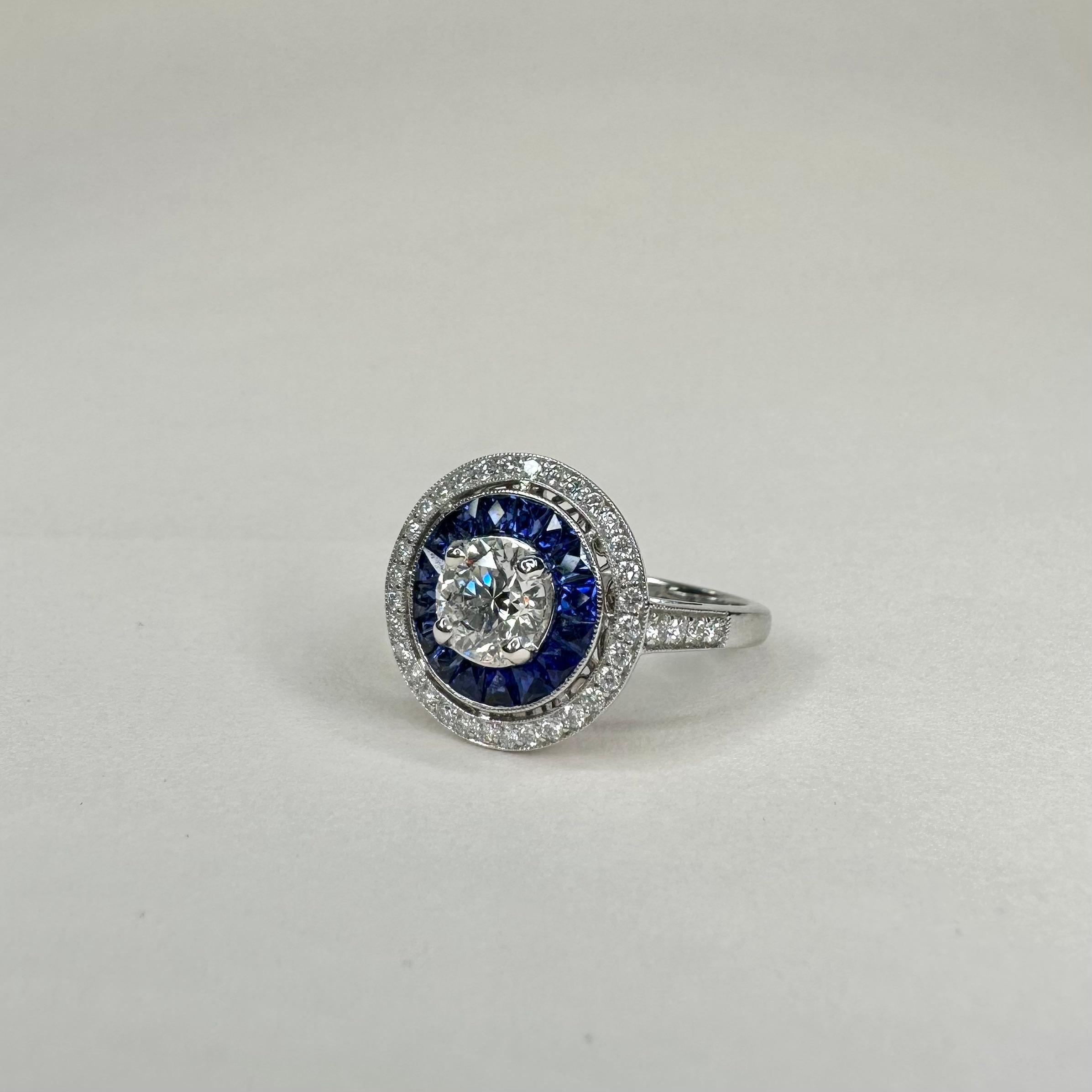 For Sale:  Art Deco Style Platinum Calibre Cut Sapphire Ring With 0.75 Ct Diamond GIA CERT 5