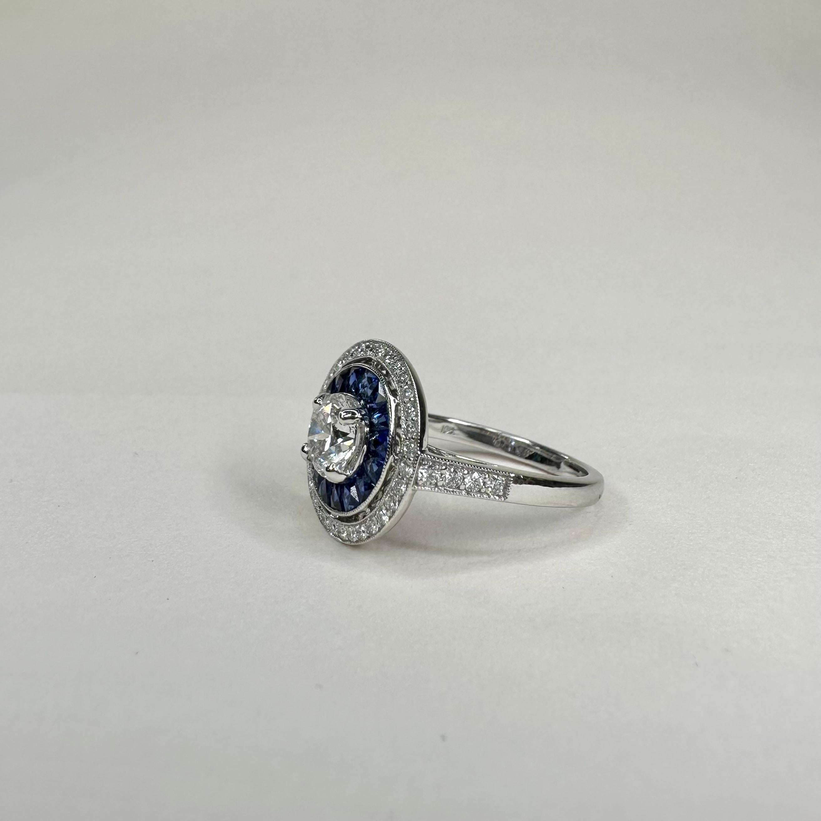 For Sale:  Art Deco Style Platinum Calibre Cut Sapphire Ring With 0.75 Ct Diamond GIA CERT 6