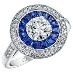 Art Deco Style Platinum Calibre Cut Sapphire Ring With 0.75 Ct Diamond GIA CERT