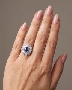 Art Deco Style Platinum Ceylon Sapphire and Diamond Flowerhead Cluster Ring