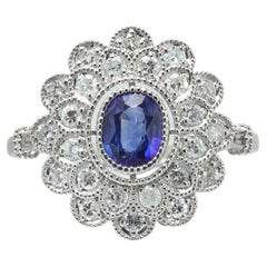 Art Deco Style Platinum Ceylon Sapphire and Diamond Flowerhead Cluster Ring
