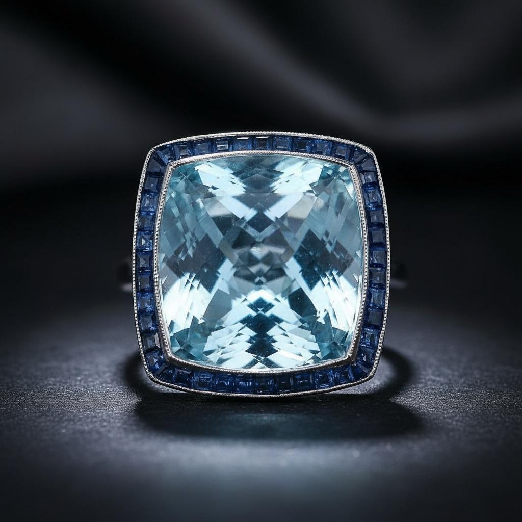 Femenino o masculino Anillo de Cóctel de Platino Estilo Art Déco 14,65 CTW Aguamarina, Zafiros, Diamantes en venta