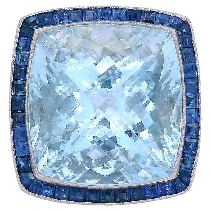 Anillo de Cóctel de Platino Estilo Art Déco 14,65 CTW Aguamarina, Zafiros, Diamantes