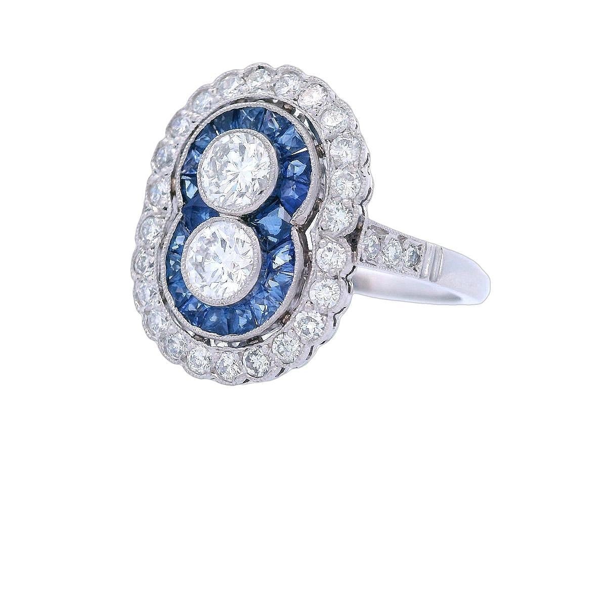 Anillo de cóctel de Platino estilo Art Déco con CTW en Zafiros Azules y Diamantes Art Decó en venta