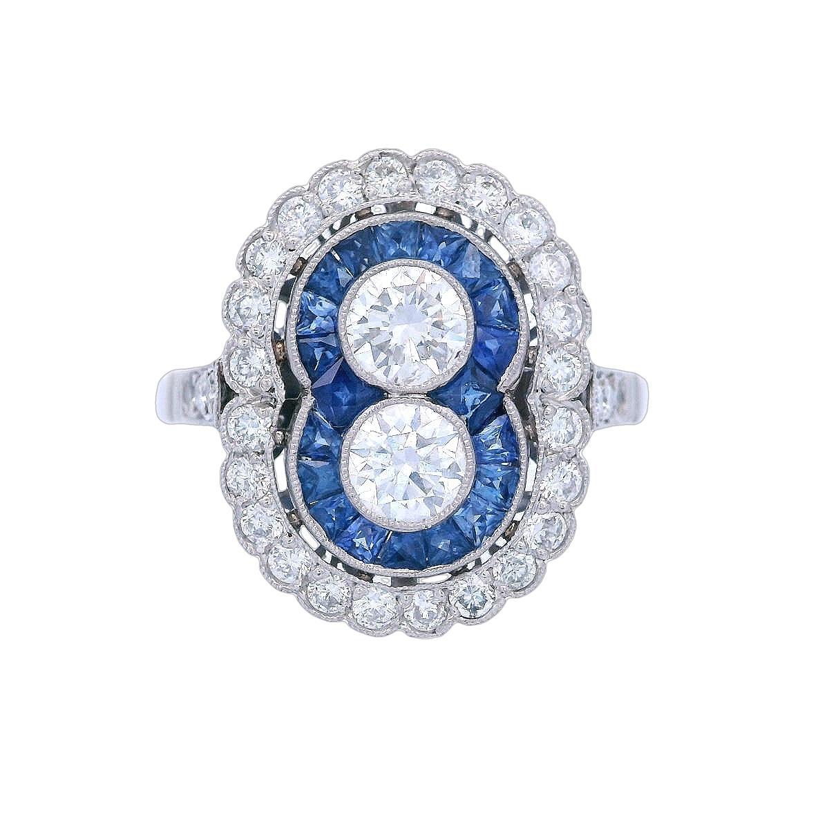 Anillo de cóctel de Platino estilo Art Déco con CTW en Zafiros Azules y Diamantes