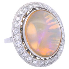 Art Deco Style Platinum Cocktail Ring with Opal and Diamonds