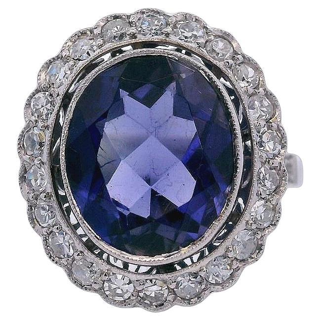 Art Deco Style Platinum Cocktail Ring with Tanzanite and Diamonds