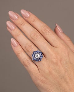 Art Deco Style Platinum Diamond and Calibre Sapphire Star Cluster Ring