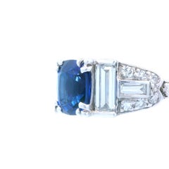 Art Deco Style Platinum Diamond and Heat ONLY Sapphire Ring