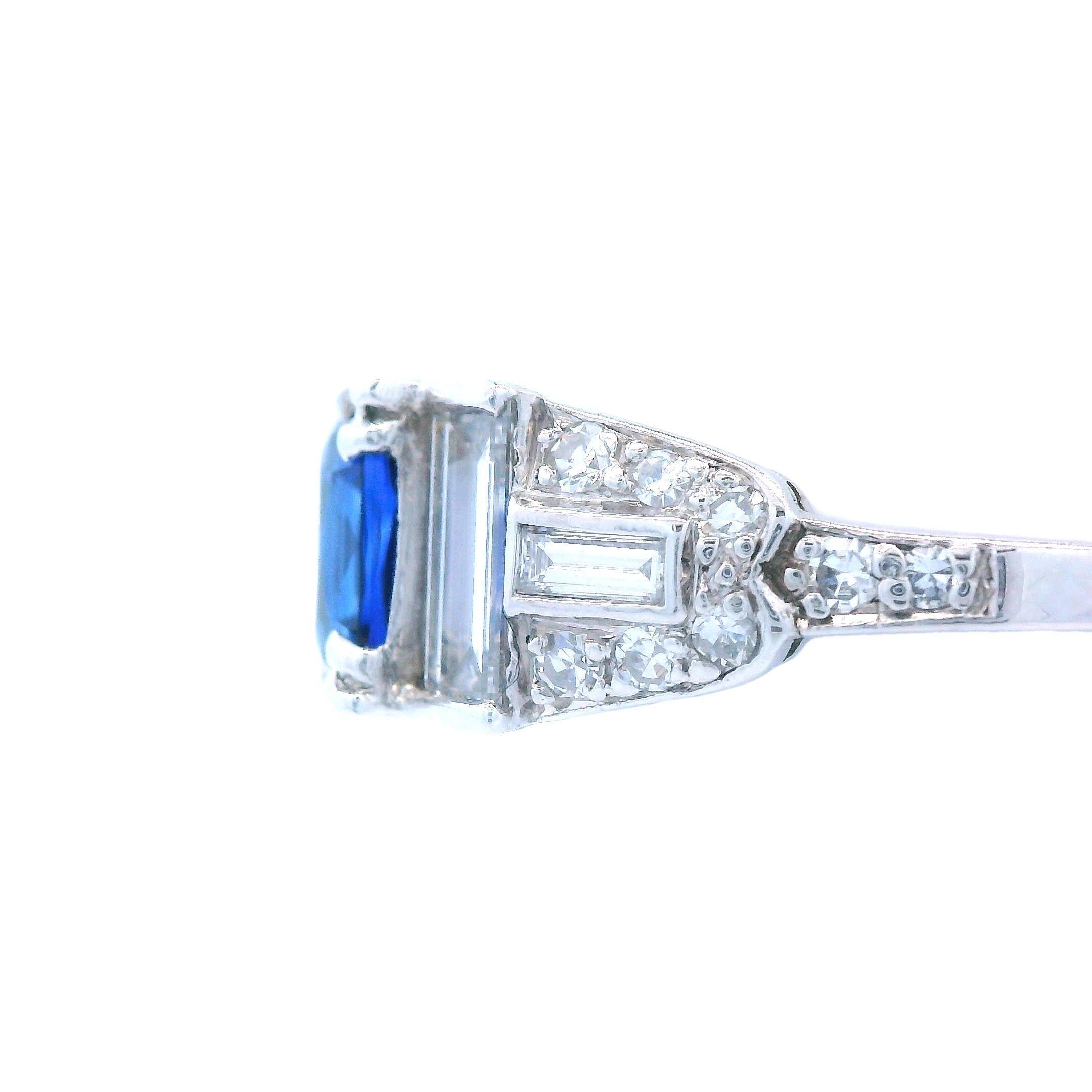 Baguette Cut Art Deco Style Platinum Diamond and Heat ONLY Sapphire Ring For Sale