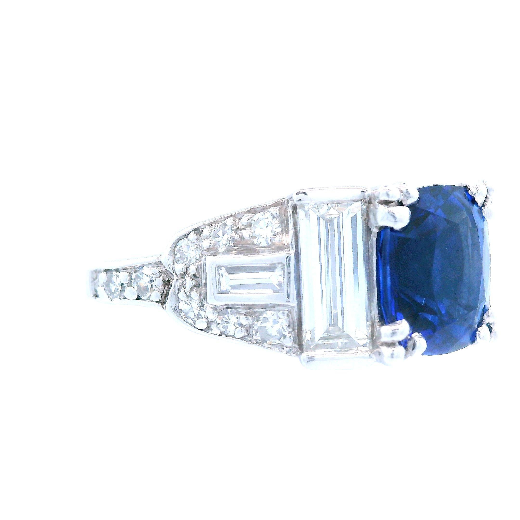 Women's Art Deco Style Platinum Diamond and Heat ONLY Sapphire Ring For Sale