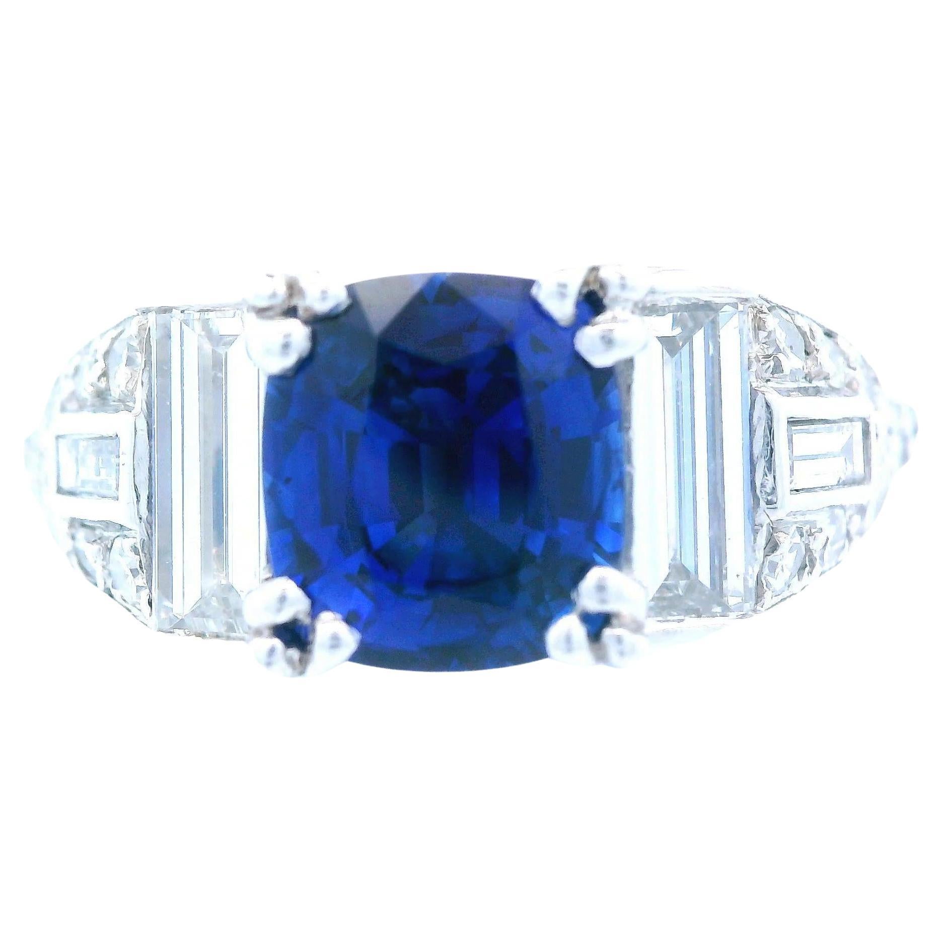 Art Deco Style Platinum Diamond and Heat ONLY Sapphire Ring