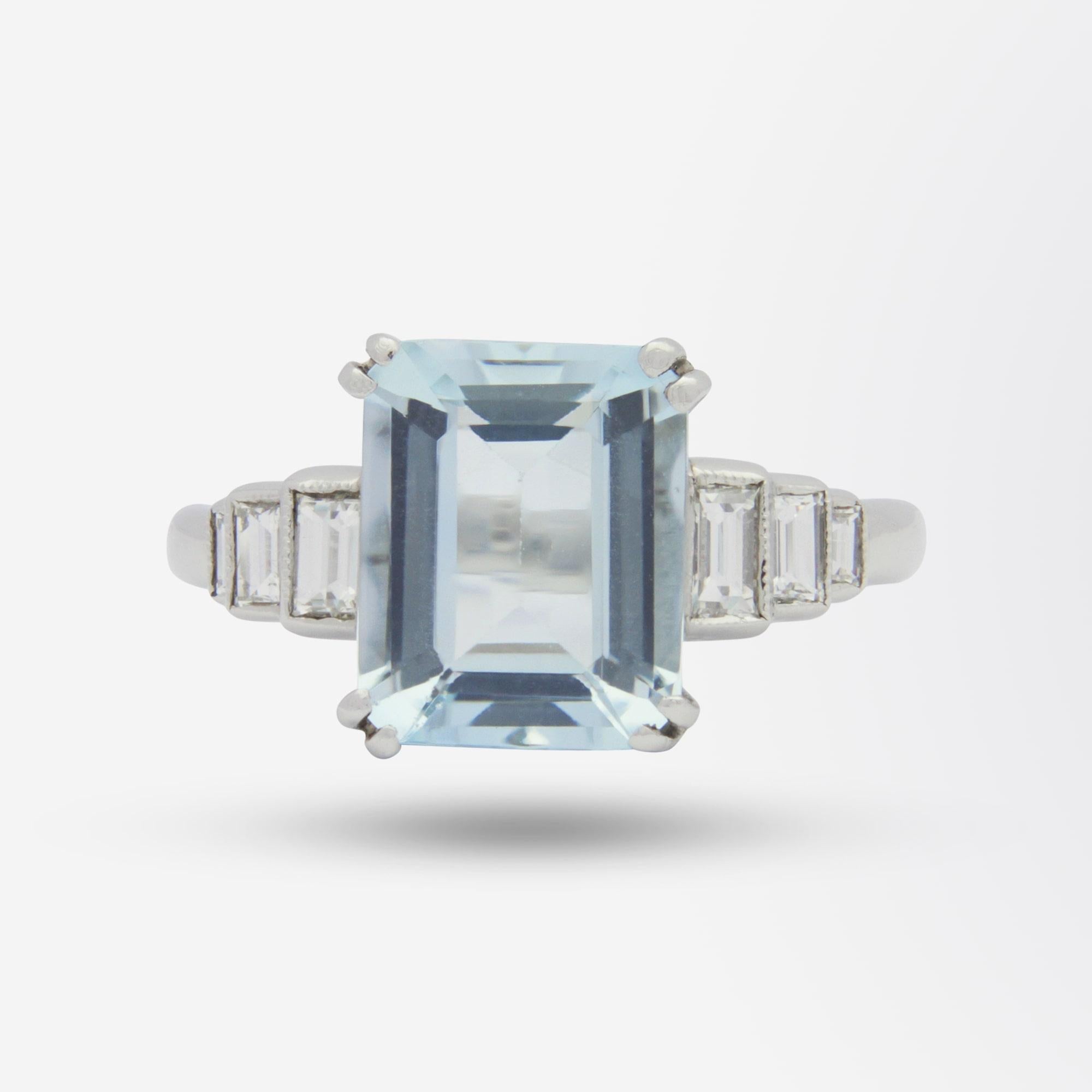 Baguette Cut Art Deco Style, Platinum, Diamond & Aquamarine Ring