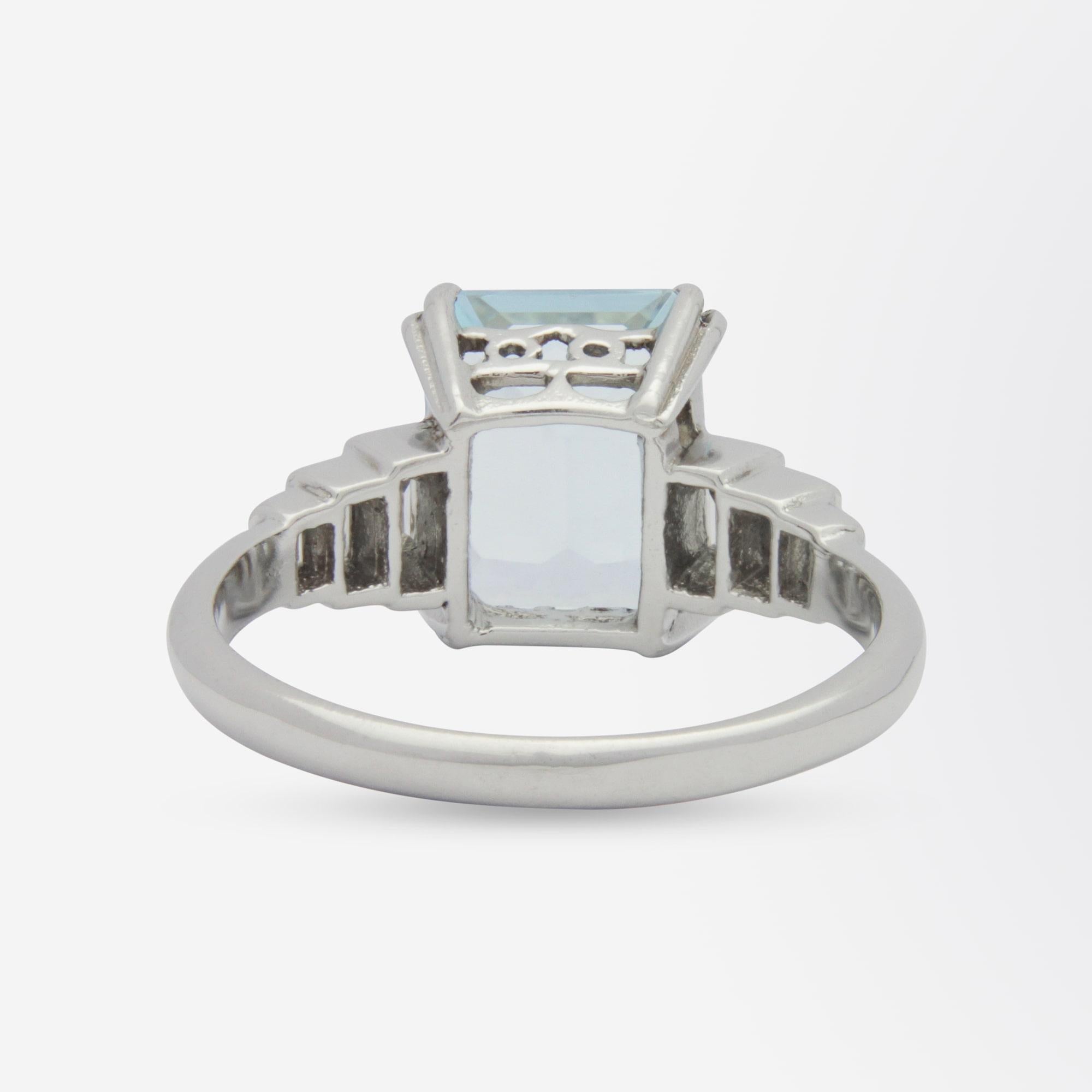 Women's or Men's Art Deco Style, Platinum, Diamond & Aquamarine Ring