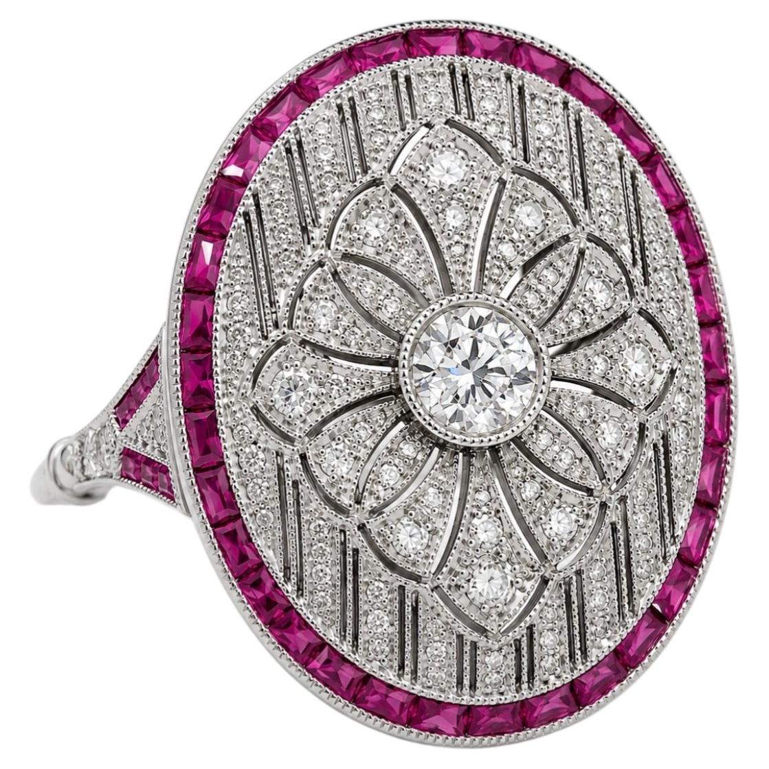 Art Deco Vintage Platinum Diamond, Ruby Plaque Ring, Old European Diamond