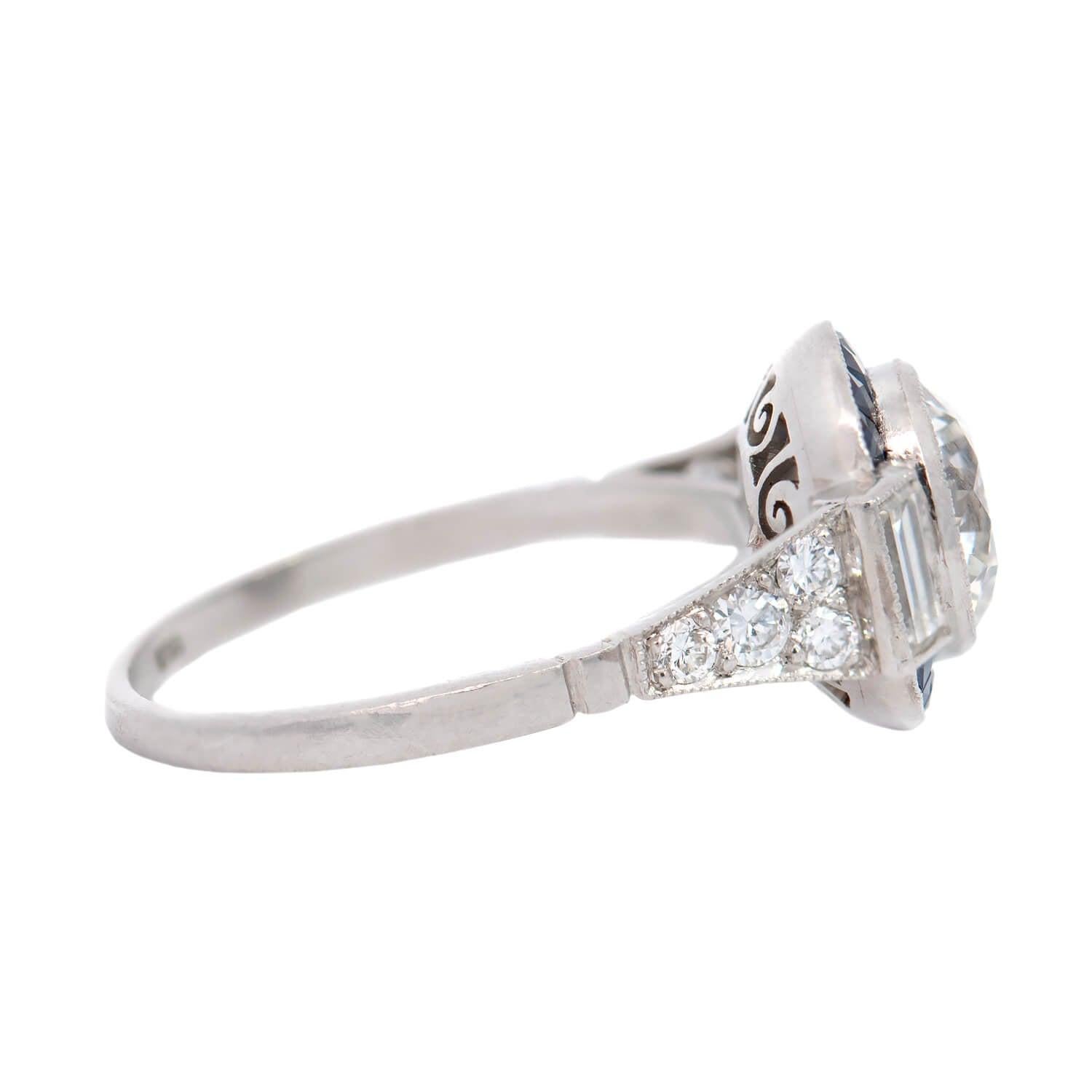 Old European Cut Art Deco Style Platinum Diamond + Sapphire Engagement Ring 1.74 Ct Center For Sale