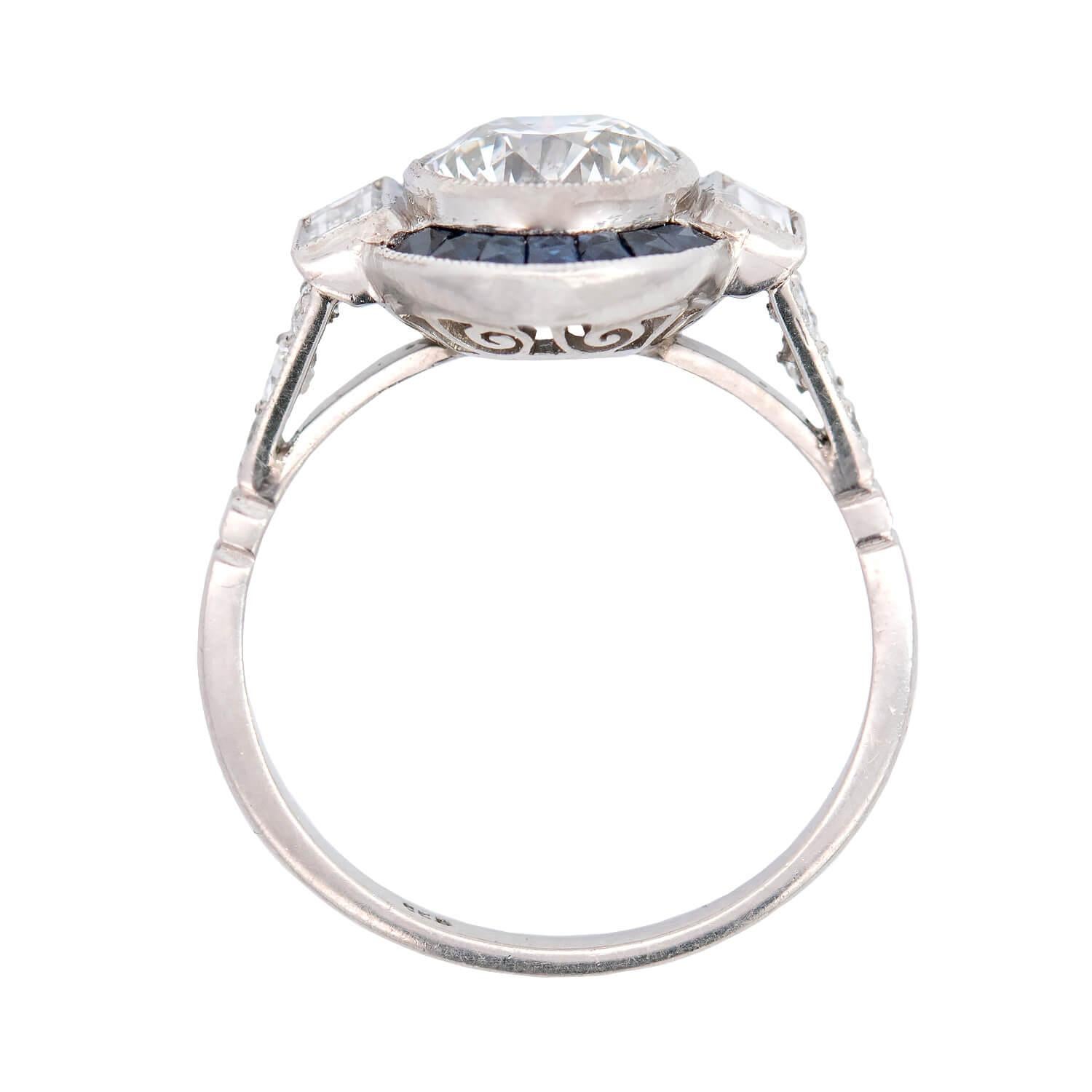 Platin-Verlobungsring im Art-déco-Stil mit Diamant + Saphir 1,74 Karat in der Mitte (Alteuropäischer Schliff) im Angebot