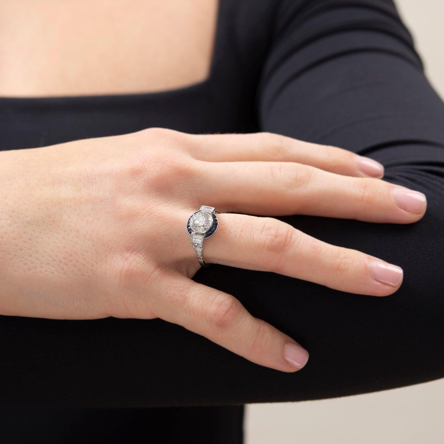 Art Deco Style Platinum Diamond + Sapphire Engagement Ring 1.74 Ct Center For Sale 2