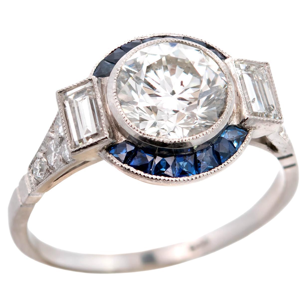 Art Deco Style Platinum Diamond + Sapphire Engagement Ring 1.74 Ct Center For Sale