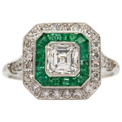 Retro Art Deco Style Platinum Diamonds and Emeralds Engagement Ring