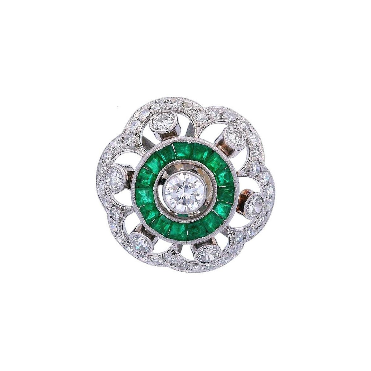 da uomo o donna Orecchini in platino in stile Art Déco con diamanti e smeraldi in vendita