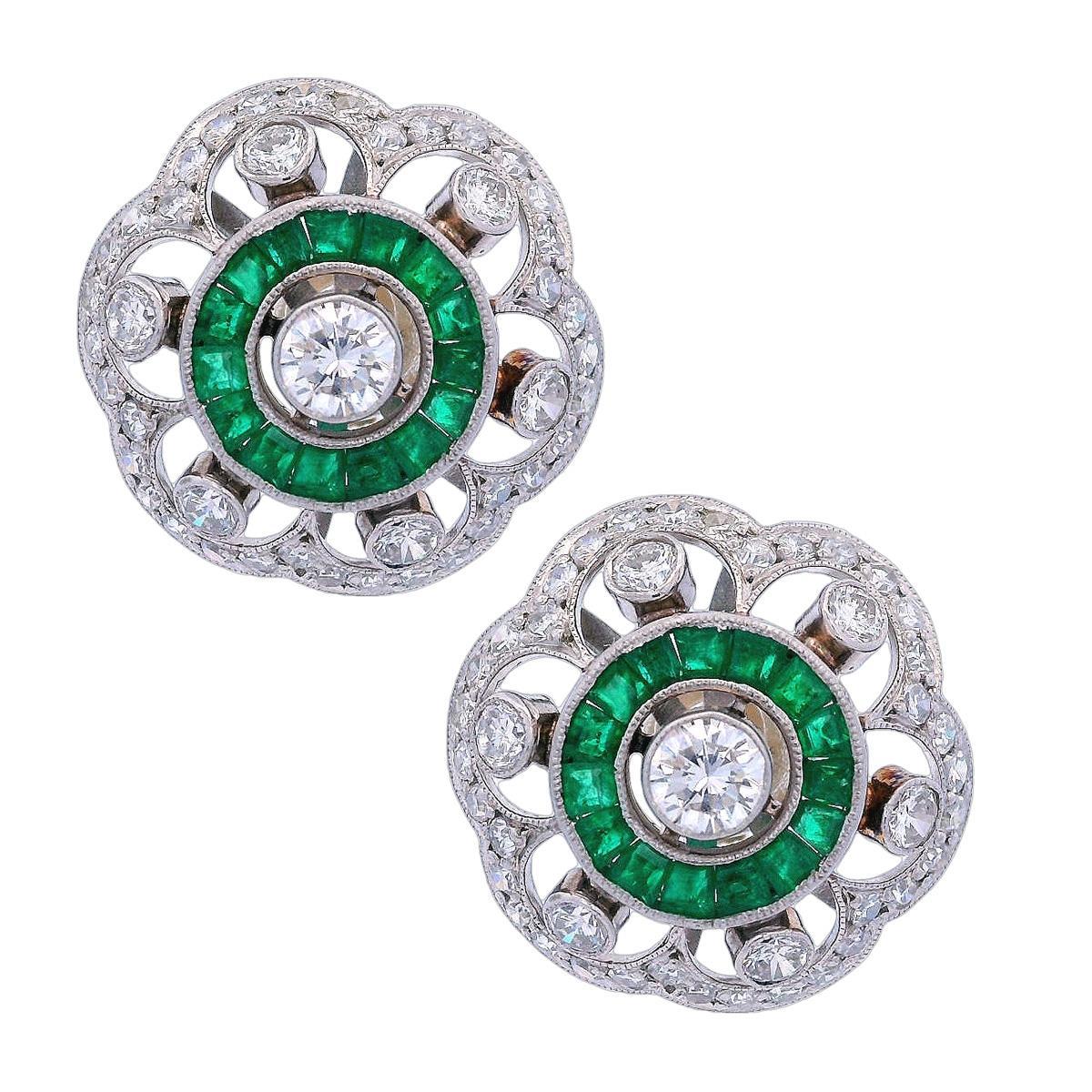 Art Deco style Platinum Earrings with Diamonds and Emeralds