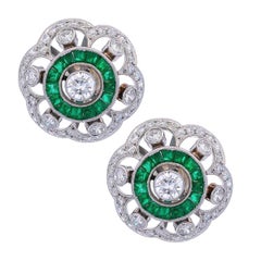 Art Deco style Platinum Earrings with Diamonds and Emeralds