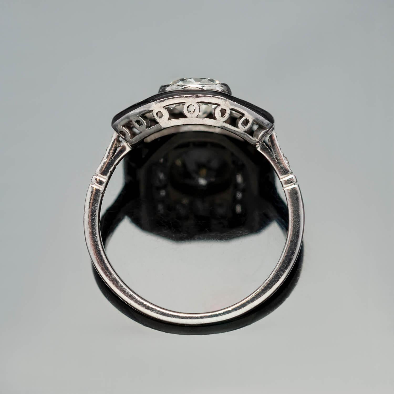 Old Mine Cut Art Deco Style Platinum, Enamel + Diamond Ring 1ctw Center For Sale