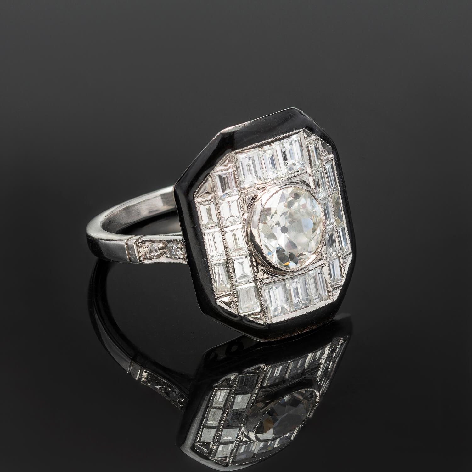 Art Deco Style Platinum, Enamel + Diamond Ring 1ctw Center In Good Condition For Sale In Narberth, PA