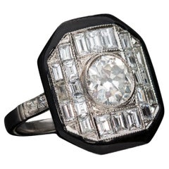 Art Deco Style Platinum, Enamel + Diamond Ring 1ctw Center