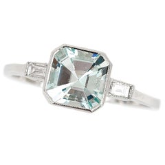 Art Deco Style Platinum Fancy Square Cut Aquamarine and Baguette Diamond Ring