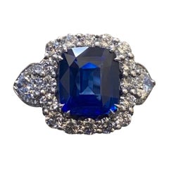 Art Deco Style Platinum Halo Diamond Cushion Cut Blue Sapphire Engagement Ring