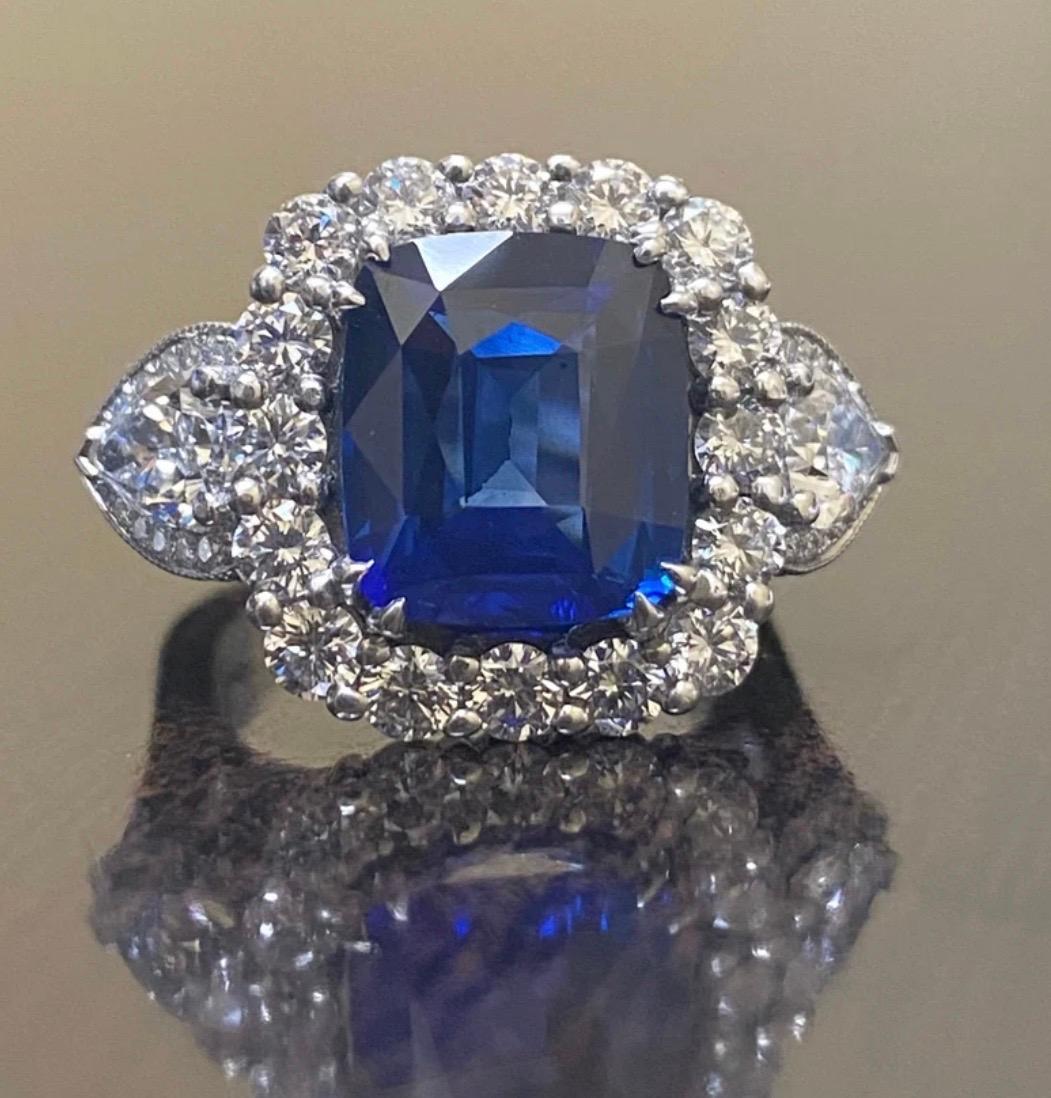 Art Deco Style Platinum Halo Diamond Cushion Cut Blue Sapphire Engagement Ring In New Condition For Sale In Los Angeles, CA
