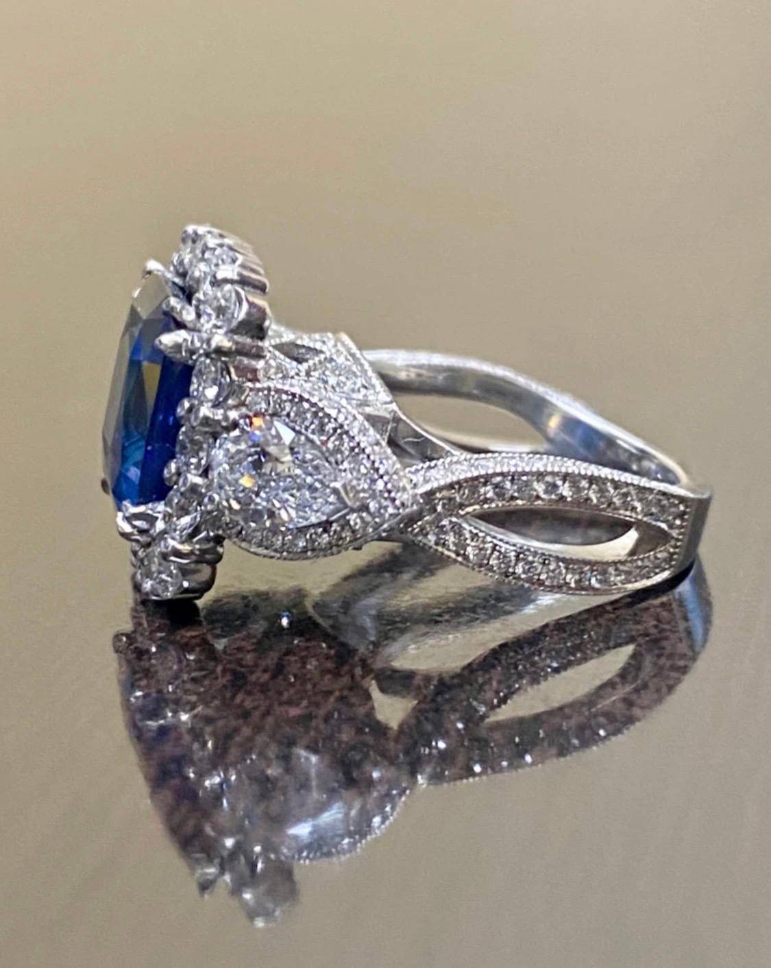 Women's Art Deco Style Platinum Halo Diamond Cushion Cut Blue Sapphire Engagement Ring For Sale