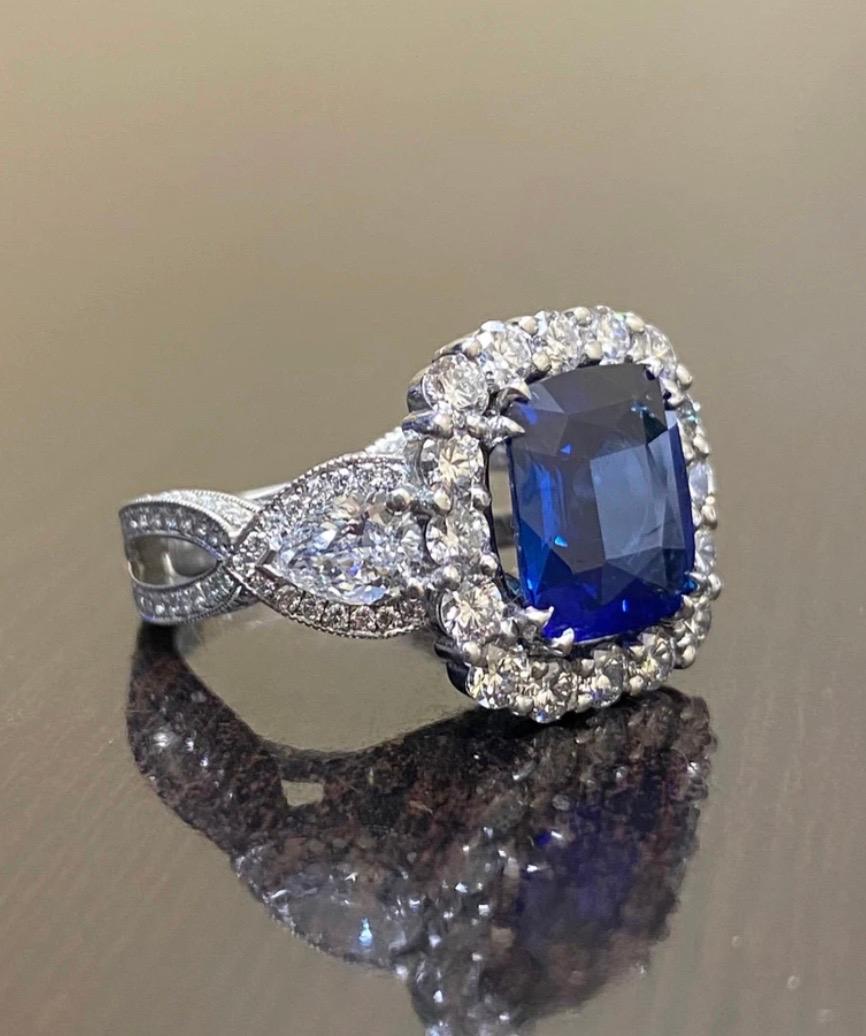 Women's Art Deco Style Platinum Halo Diamond Cushion Cut Blue Sapphire Engagement Ring For Sale