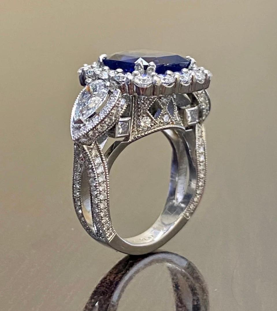 Art Deco Style Platinum Halo Diamond Cushion Cut Blue Sapphire Engagement Ring For Sale 5