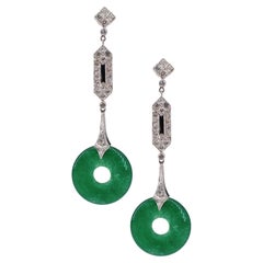 Art Deco Style Platinum hanging Earrings with Diamonds and Onyx