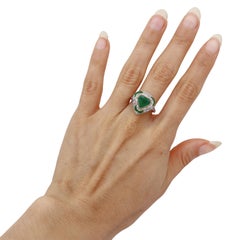 Art Deco Style Platinum Heart Ring with Diamonds and Emeralds