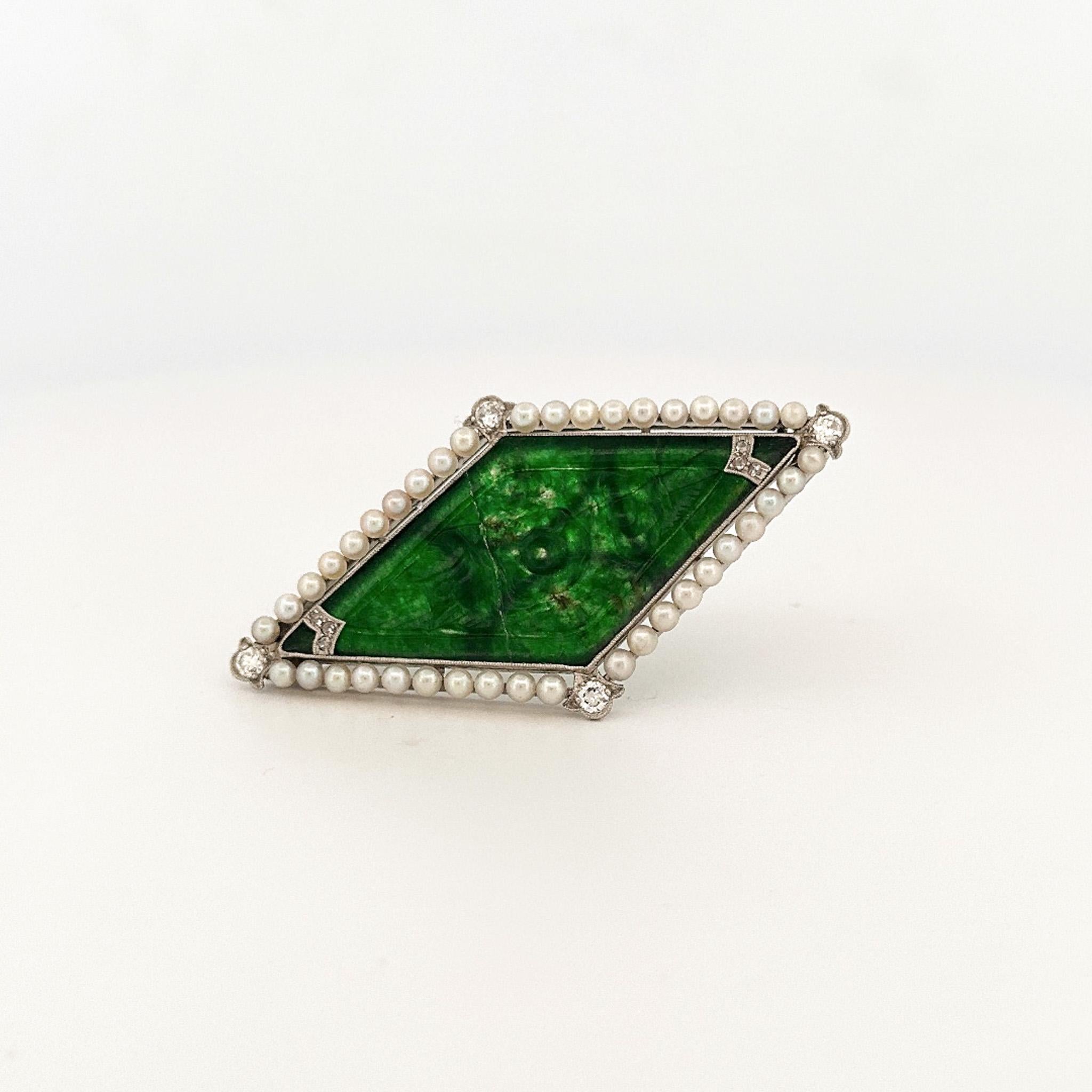 Art Deco Style Platinum Jade, Pearl, & Diamond Pin For Sale 3