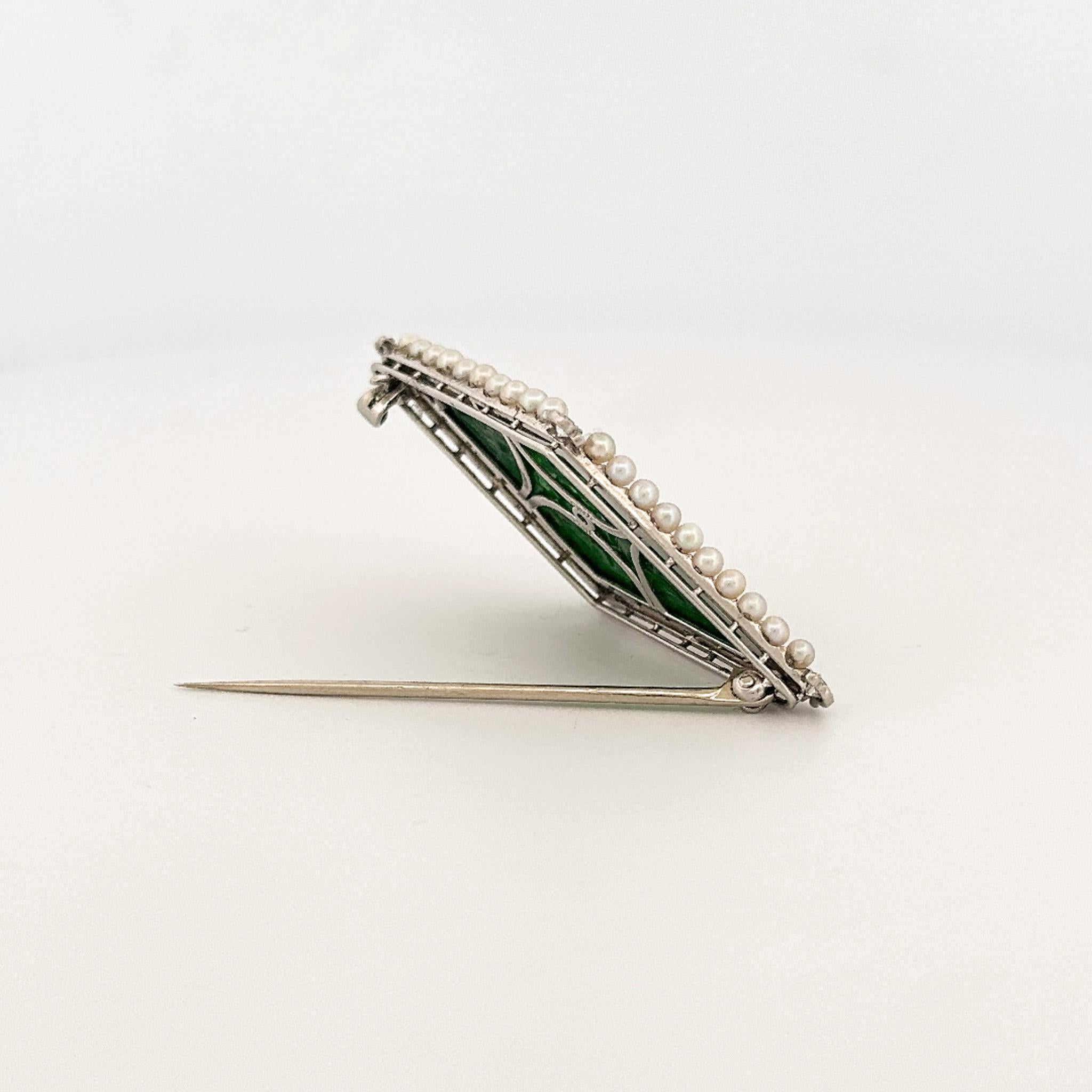Art Deco Style Platinum Jade, Pearl, & Diamond Pin For Sale 1