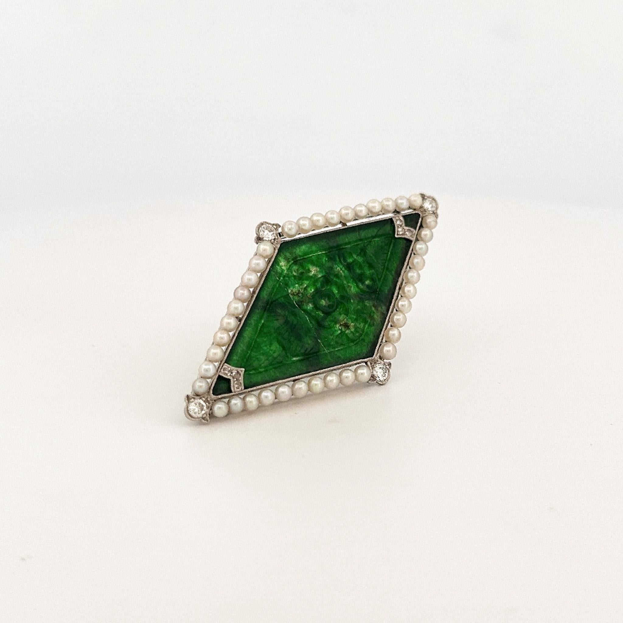 Art Deco Style Platinum Jade, Pearl, & Diamond Pin For Sale 2