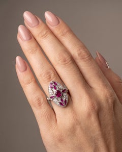 Art Deco Style Platinum Mozambique Ruby and Diamond Navette Ring
