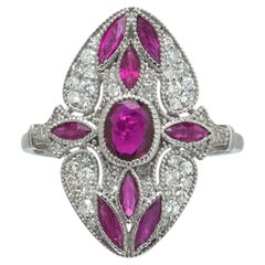 Art Deco Style Platinum Mozambique Ruby and Diamond Navette Ring