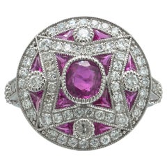 Art Deco Style Platinum Mozambique Ruby and Diamond Star Target Ring