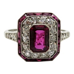 Art Deco Style Platinum Old European Cut Diamond and Ruby Ring