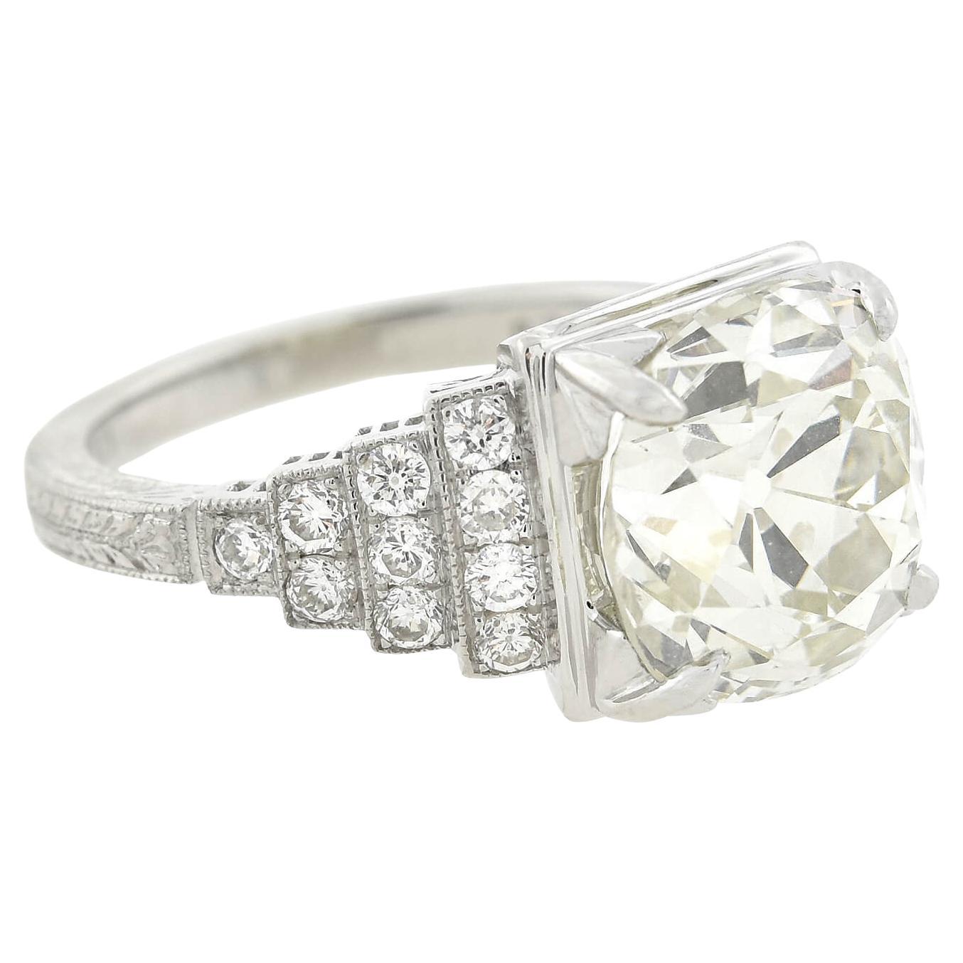 Art Deco Style Platinum Old Mine Cut Diamond Engagement Ring 5.63ct Center For Sale
